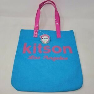 KITSON LA LOS ANGELES BLUE PATENT CANVAS TOTE BAG